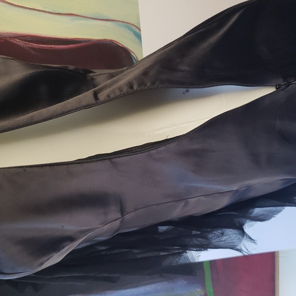 Shiny Jet Black off the shoulder raw edge ruffle assymetrical satin mini dress - Picture 9 of 11